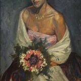 Tableau portrait d'une dame au bouquet de fleurs du 20ème siècle