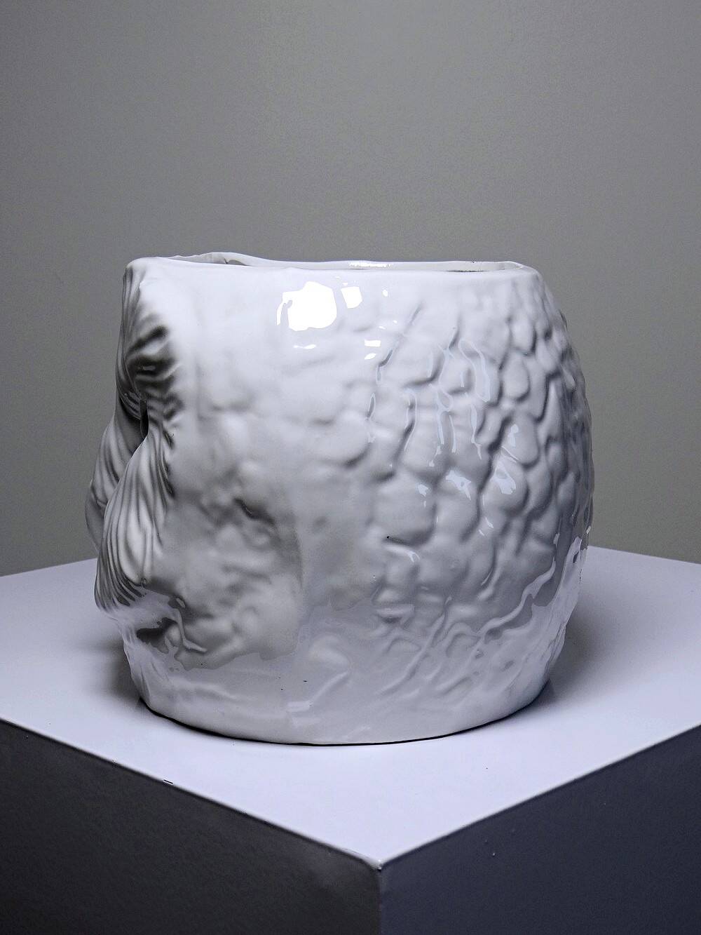 Large cache pot owl head vintage Italian white earthenware