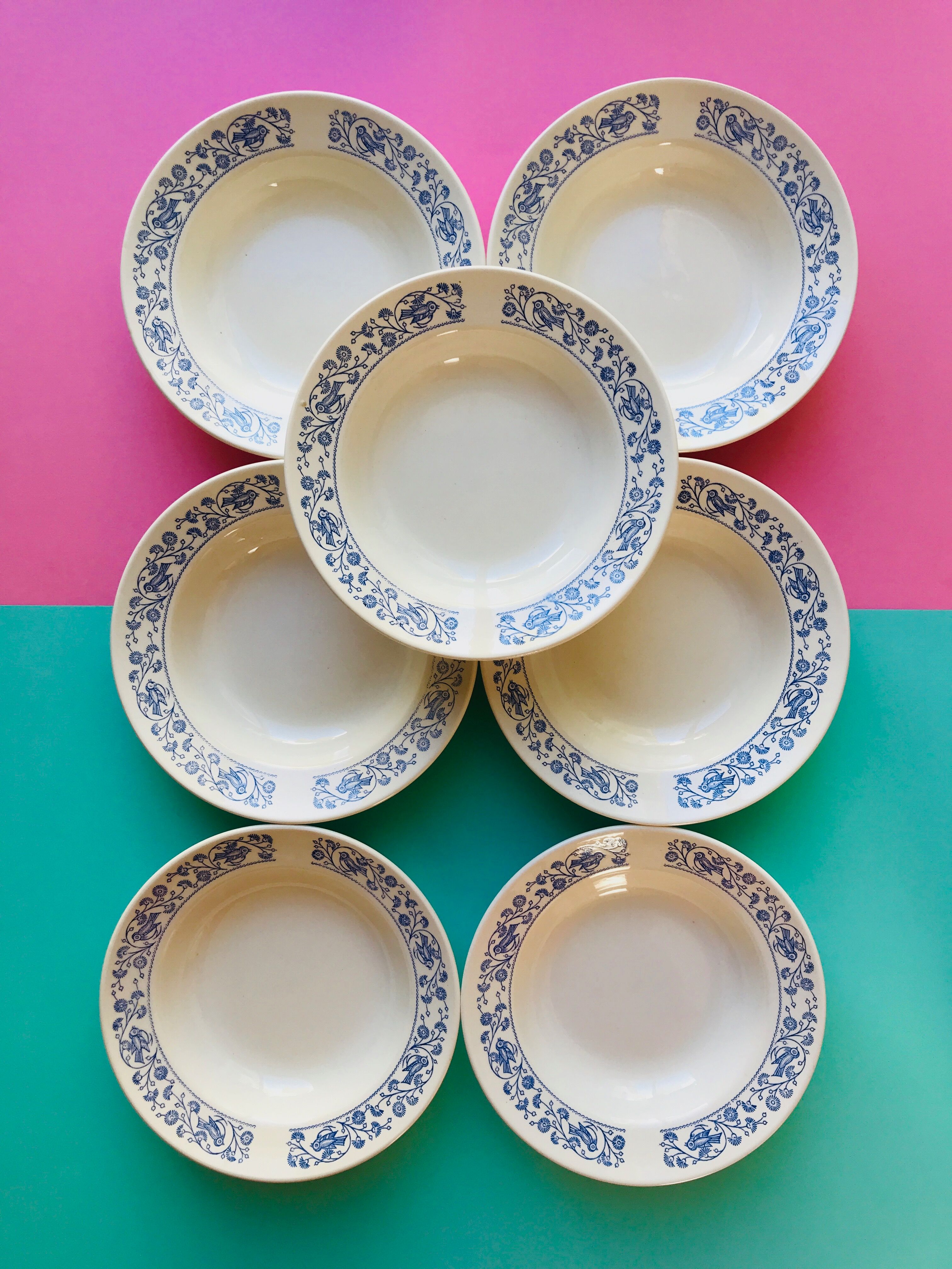 Hollow plate in faience pattern vintage blue bird j.v liex