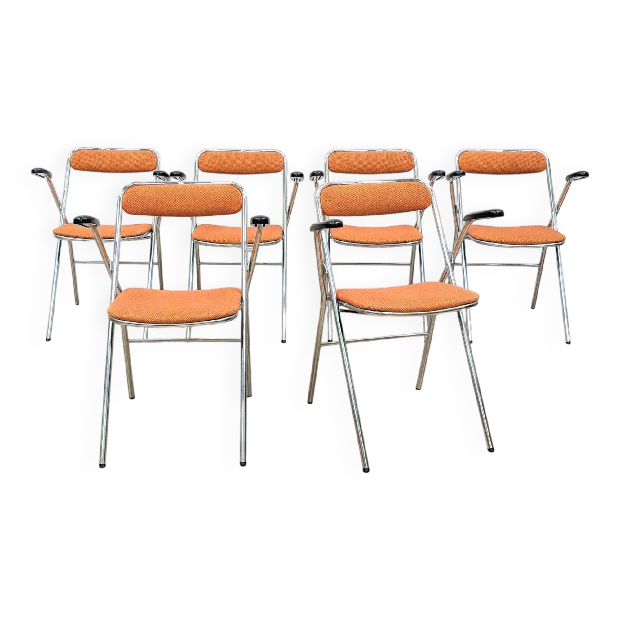 6 orange folding chairs