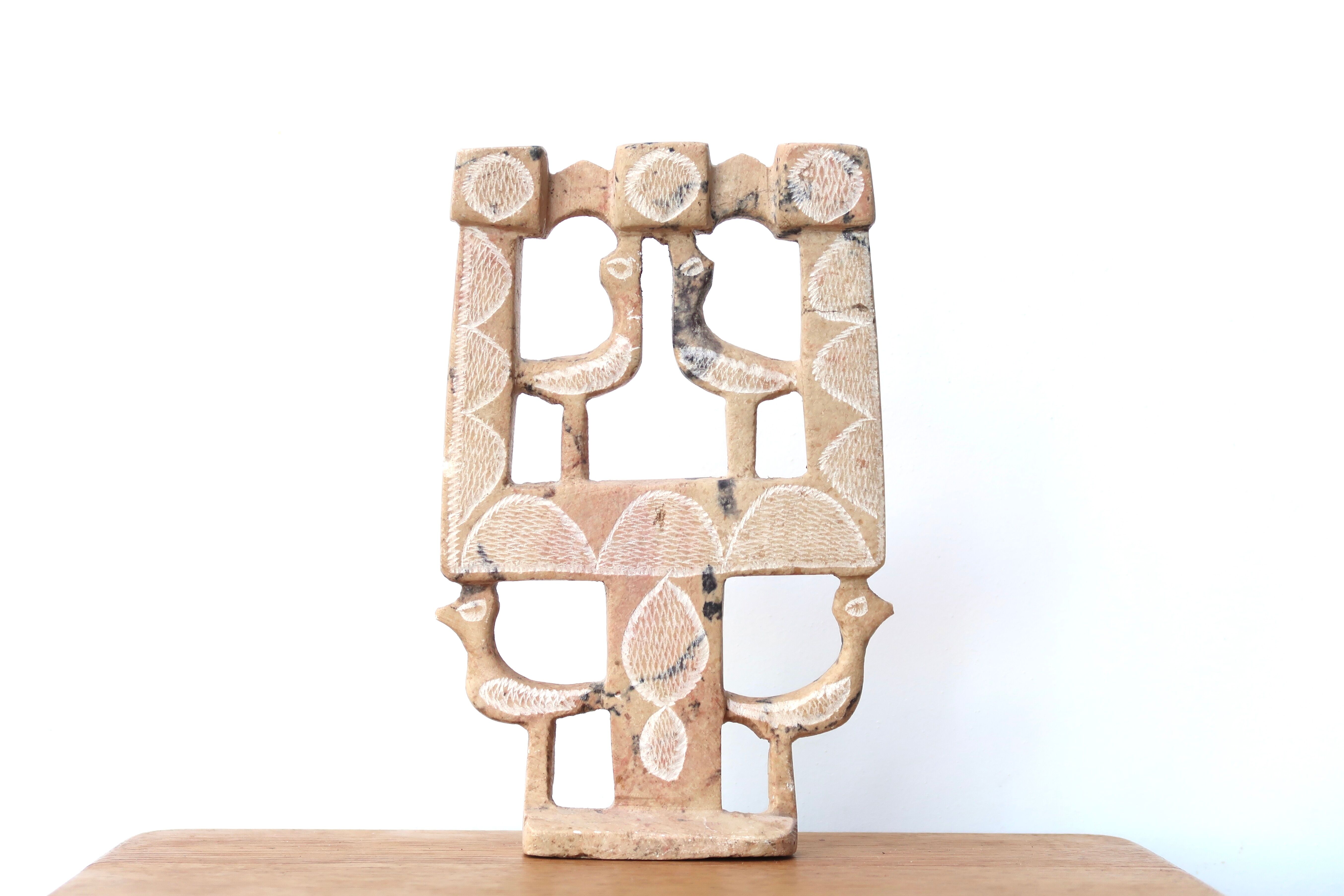 Moroccan candle holder in stone decorated with birds, 70s