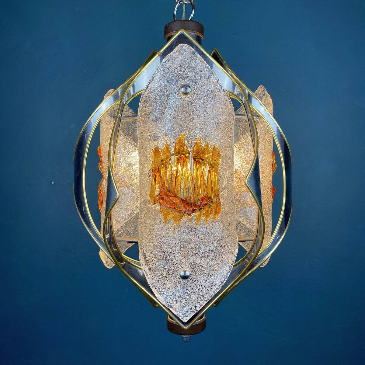 Amber chrome chandelier Murano mid-century by Toni Zuccheri for Mazzega, Italy, 1970s.