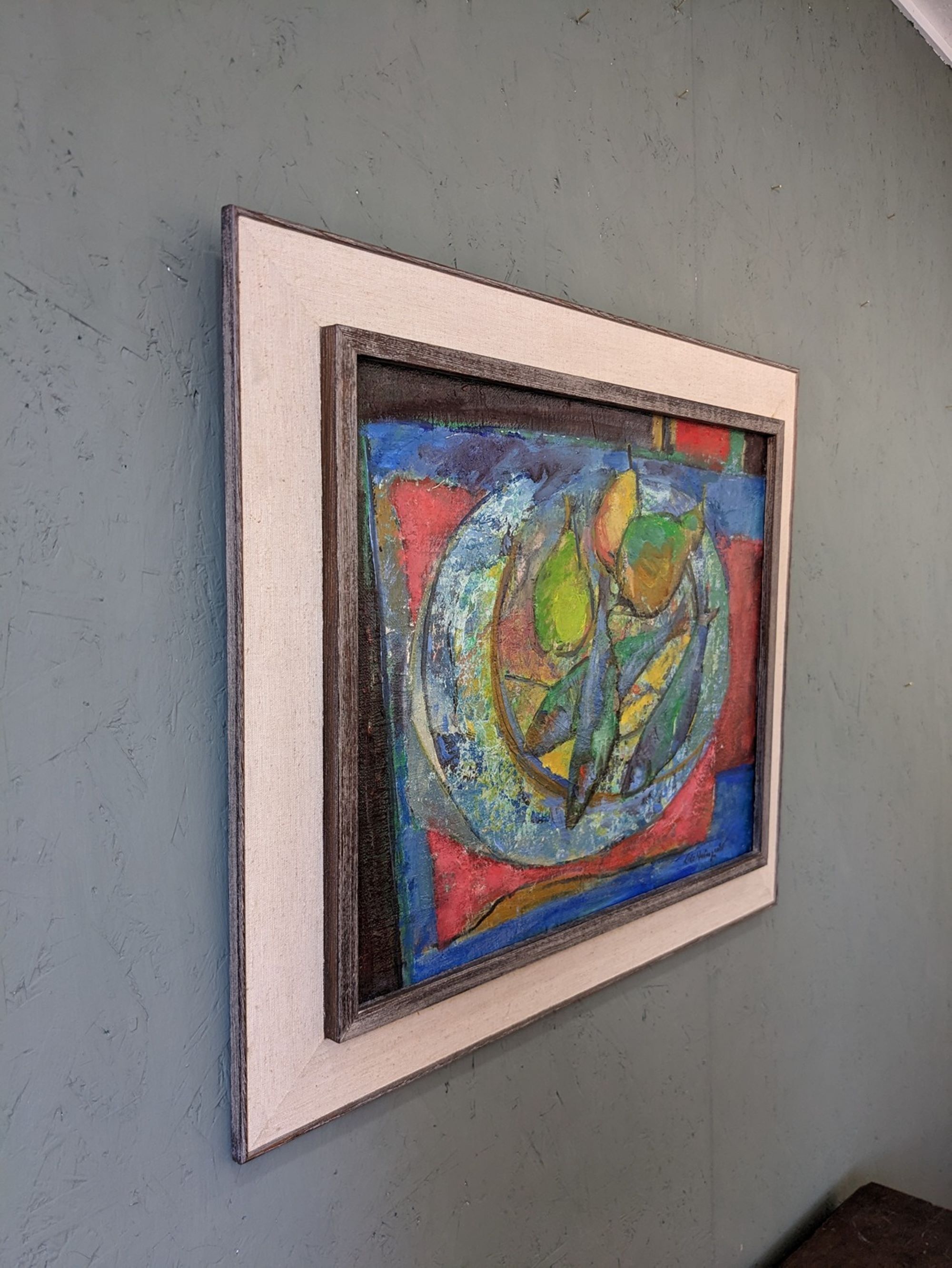 Mid-Century Modern Swedish "Fish & Fruit" Vintage Still Life Oil Painting, Framed