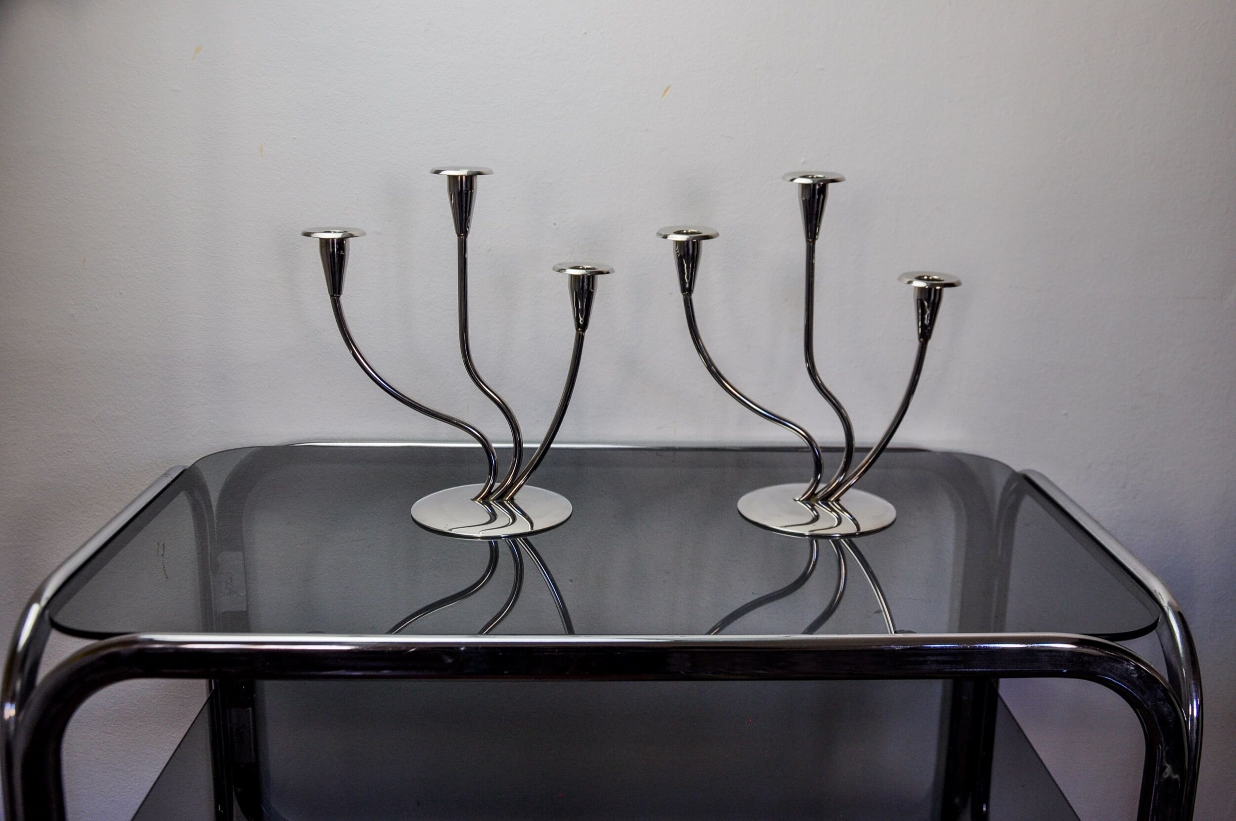 Pair of art deco candlesticks in stainless steel 3 flames, Spain, 1970