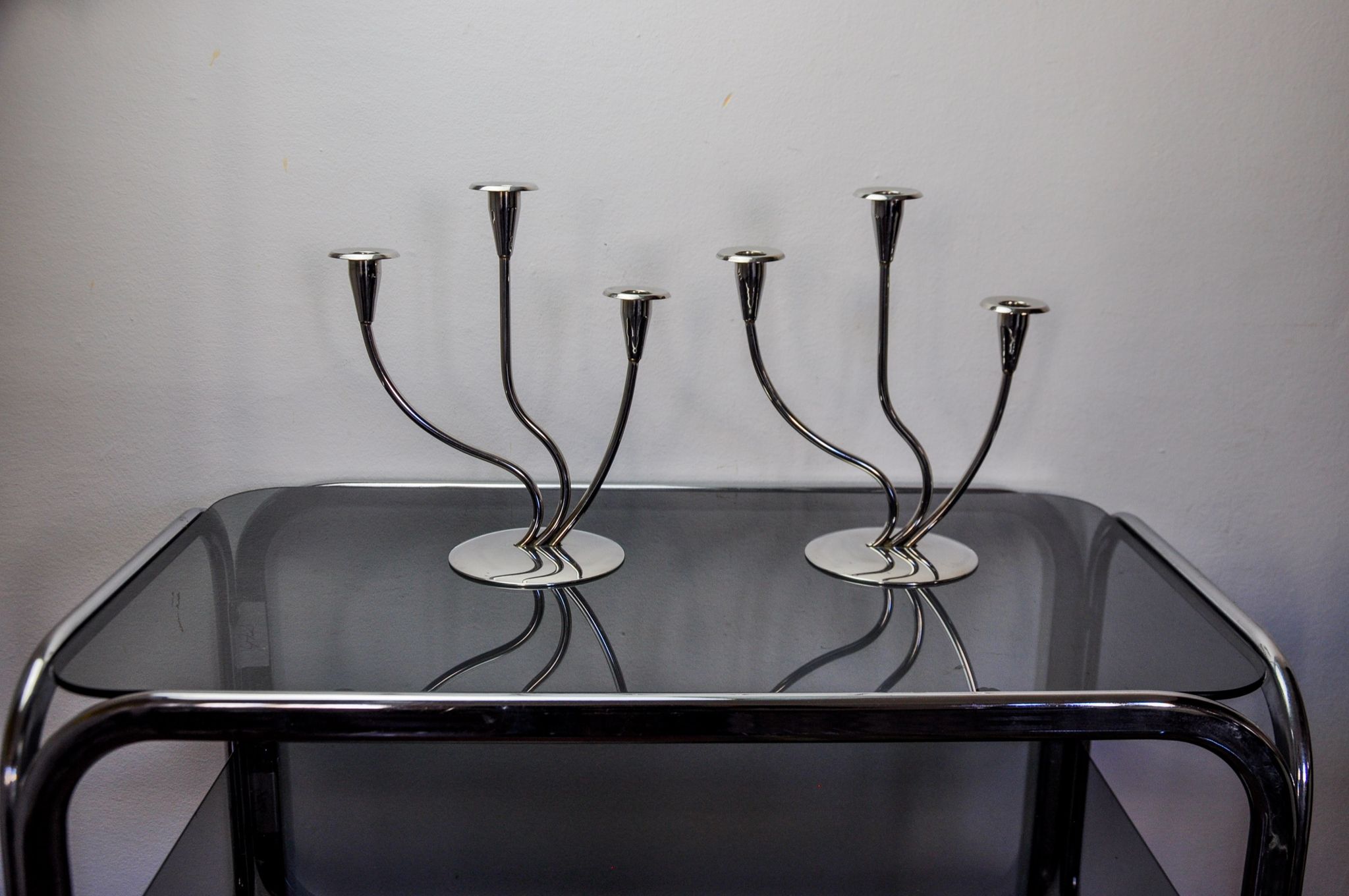 Pair of art deco candlesticks in stainless steel 3 flames, Spain, 1970