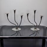 Pair of art deco candlesticks in stainless steel 3 flames, Spain, 1970