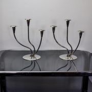Pair of art deco candlesticks in stainless steel 3 flames, Spain, 1970