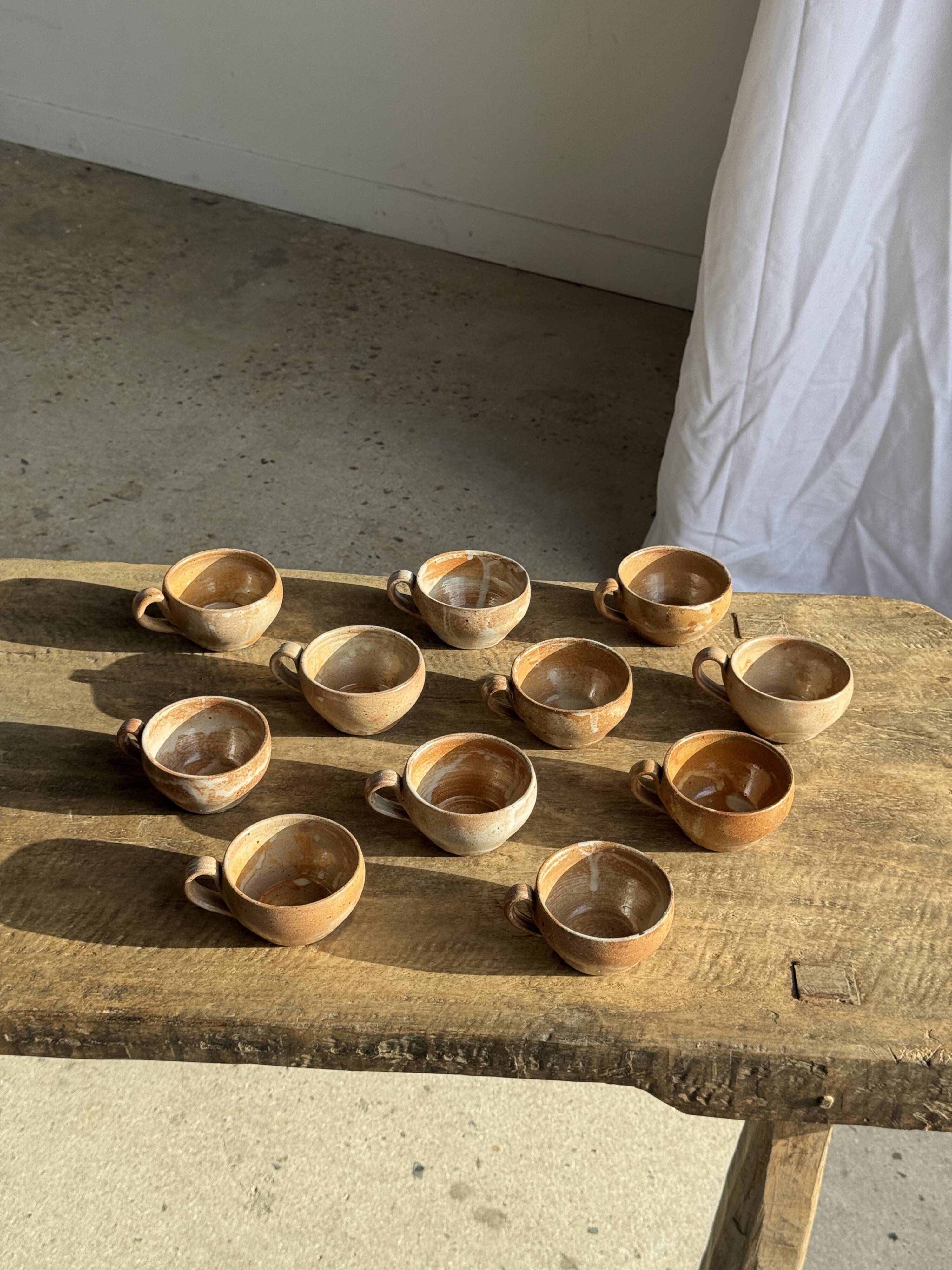 Set of 11 vintage coffee cups, raw matte stoneware H11