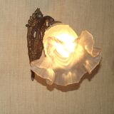 Single French Bronze Art Nouveau Wall Light with Flower Detail and White Glass Shade 4970
