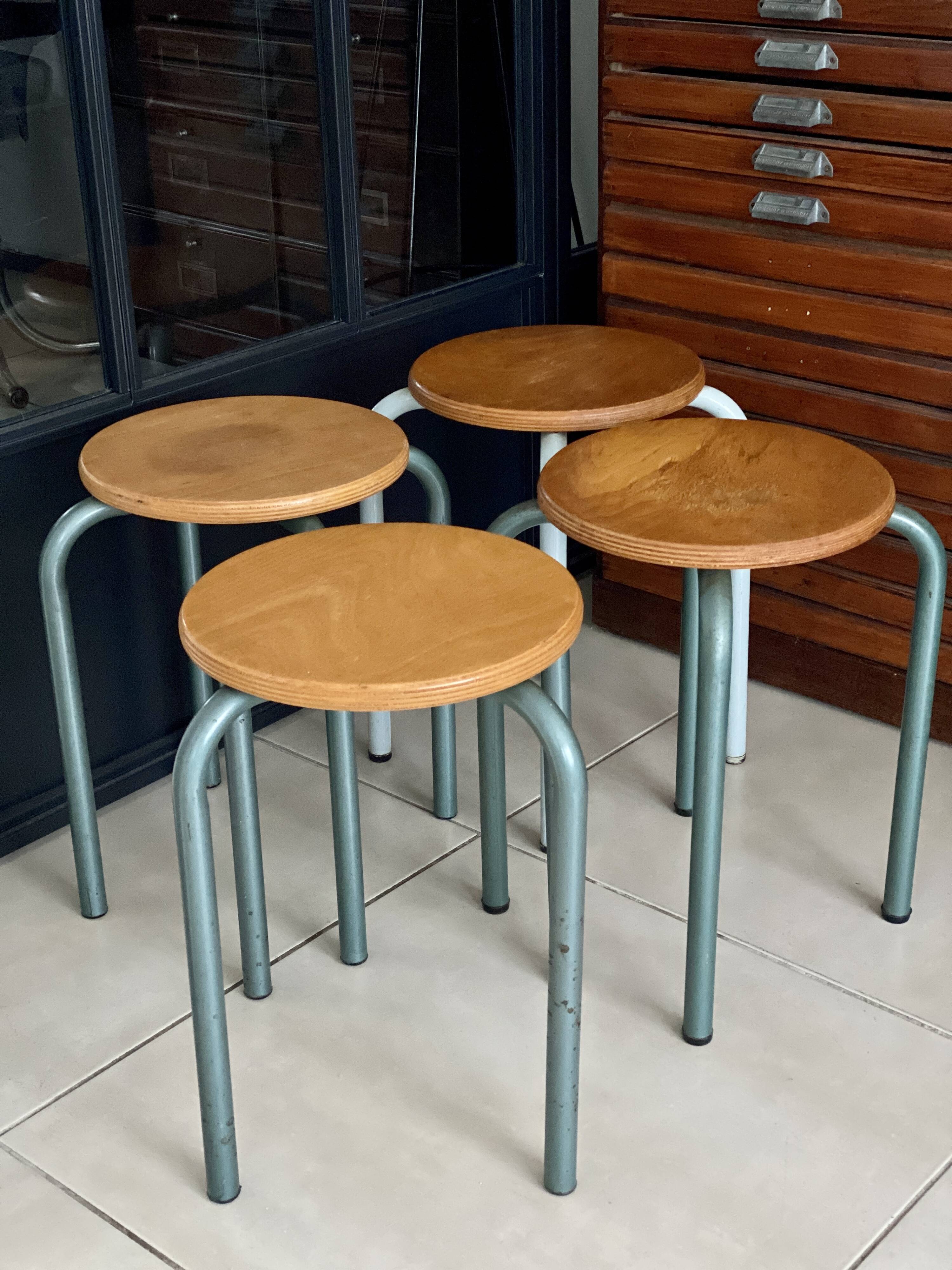 Set of 4 metal and wood workshop stools