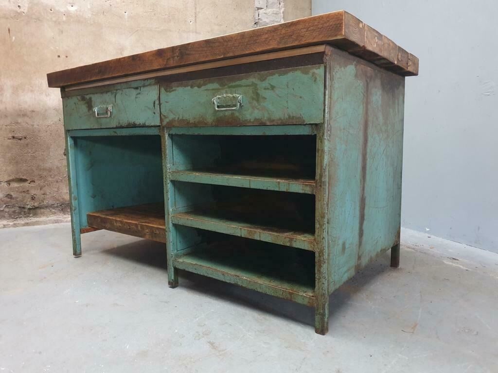 Industrial workbench kitchen island sideboard sea green with drawers