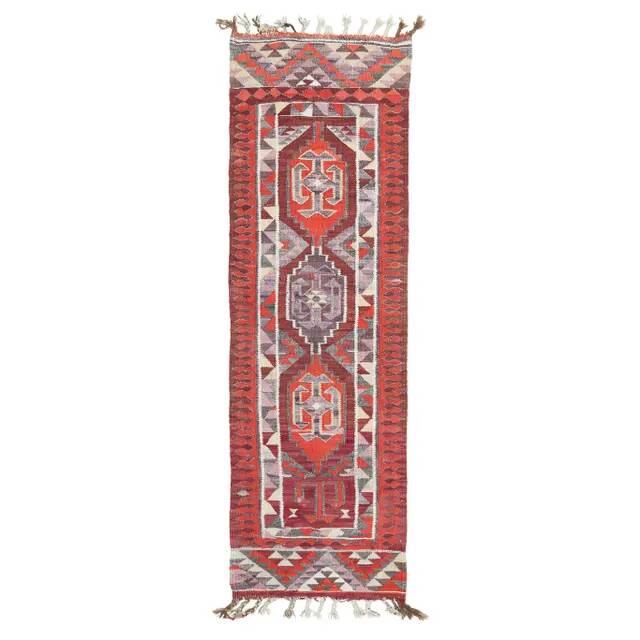 1970s Vintage Turkish Hand-Knotted Wool Cotton Red Runner Rug 89x282