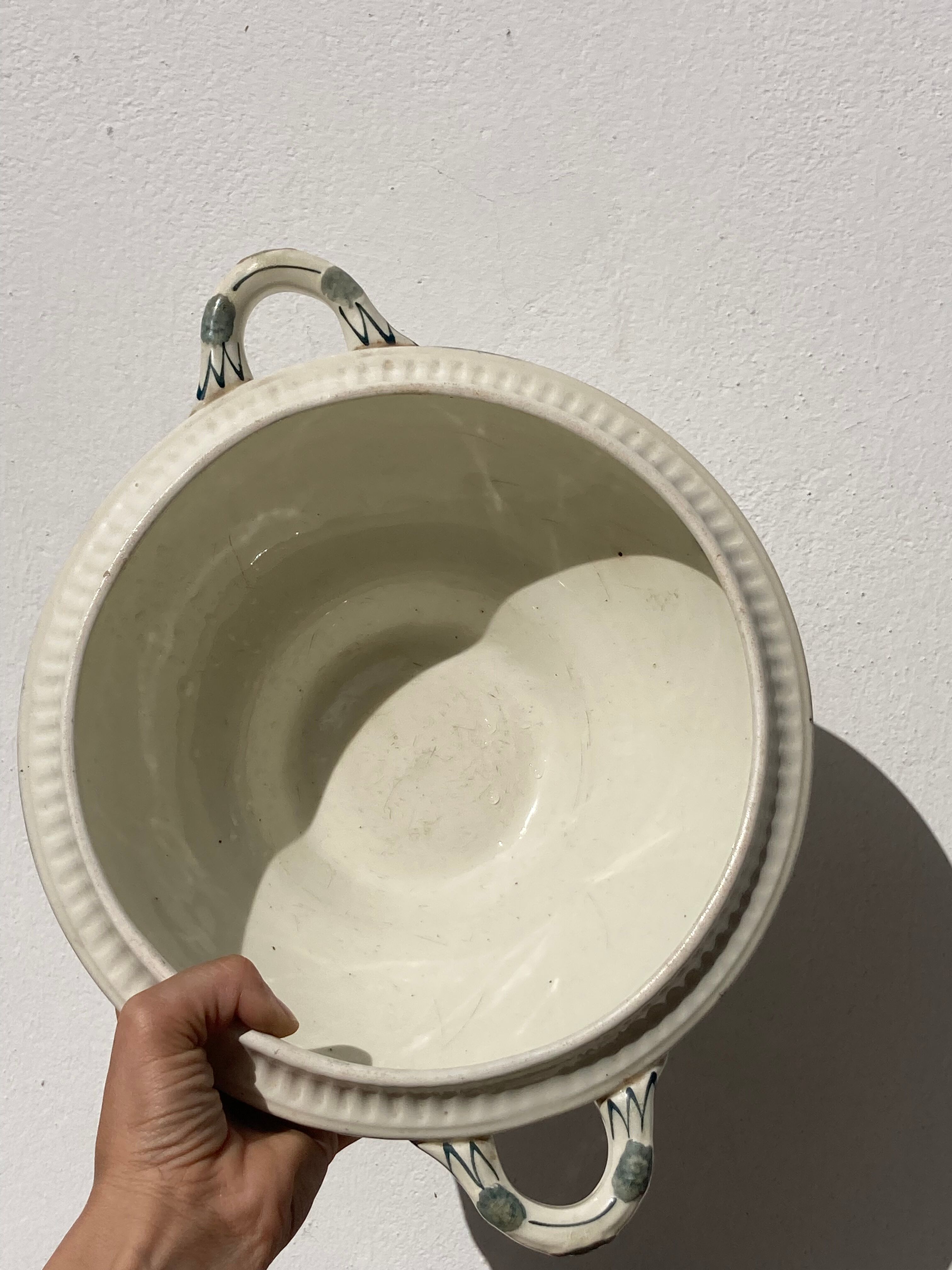 Old iron earth tureen Ninon Salins blue, ceramic and earthenware plate