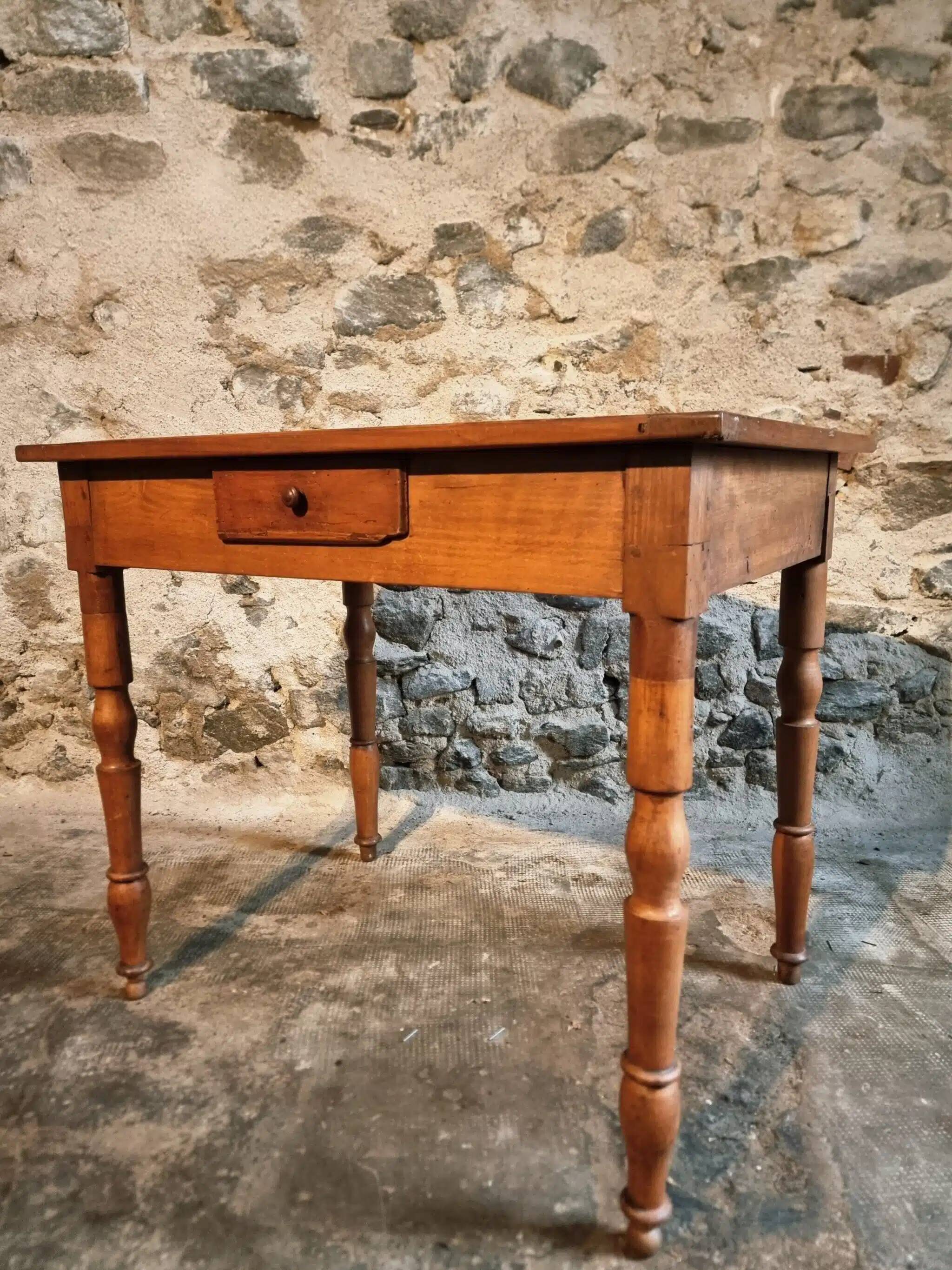 French vintage side table in cherry wood with a drawer.