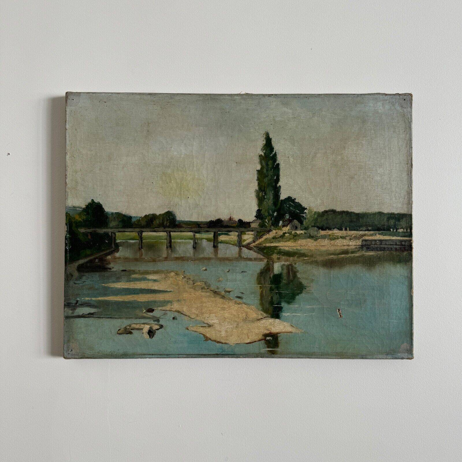 Oil on canvas depicting a river with a bridge, early 20th century