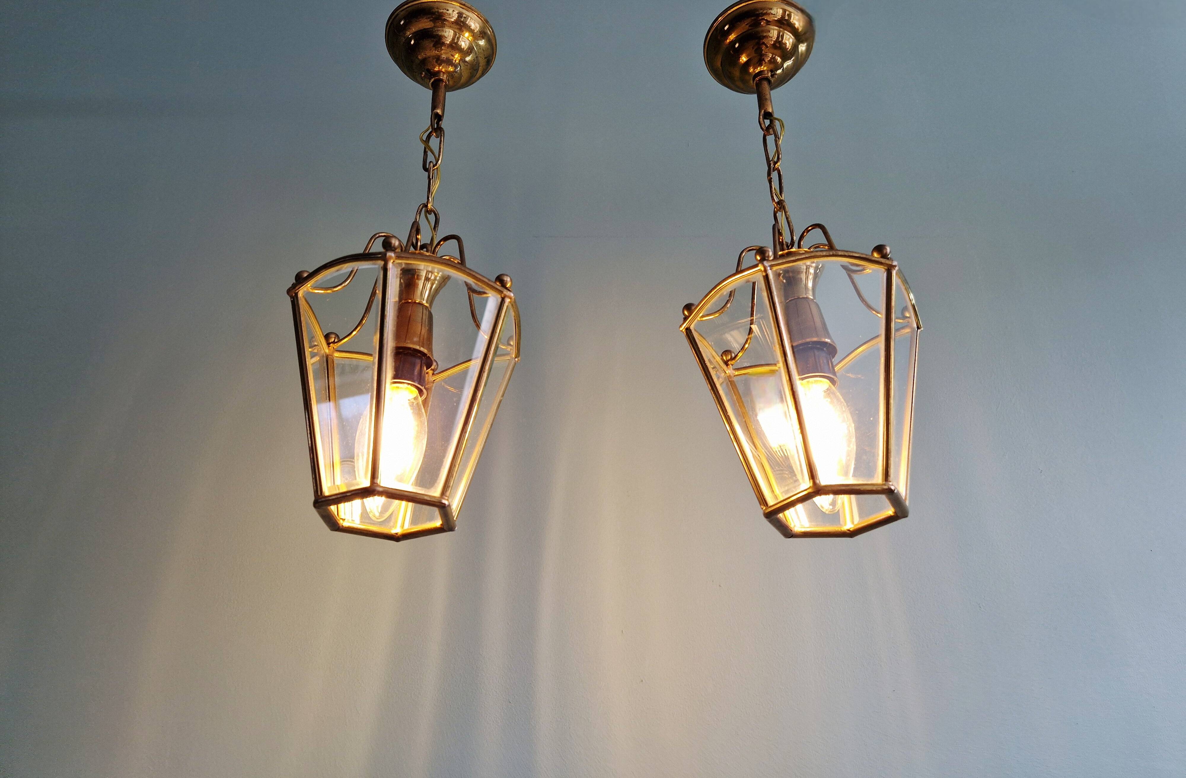 Pair of brass and bevelled glass pendant lights/lanterns, 1950-60.