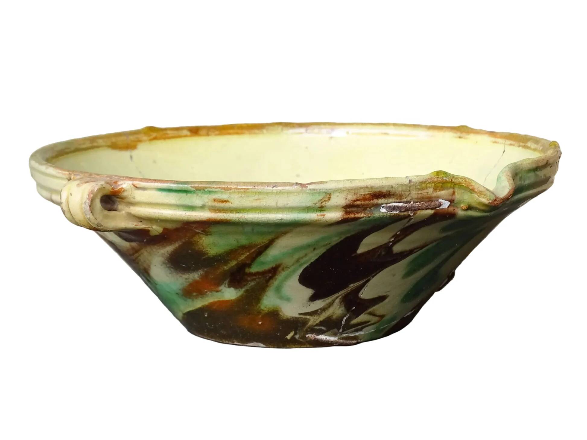 French antique ceramic bowl with jaspe glaze, Savoyard