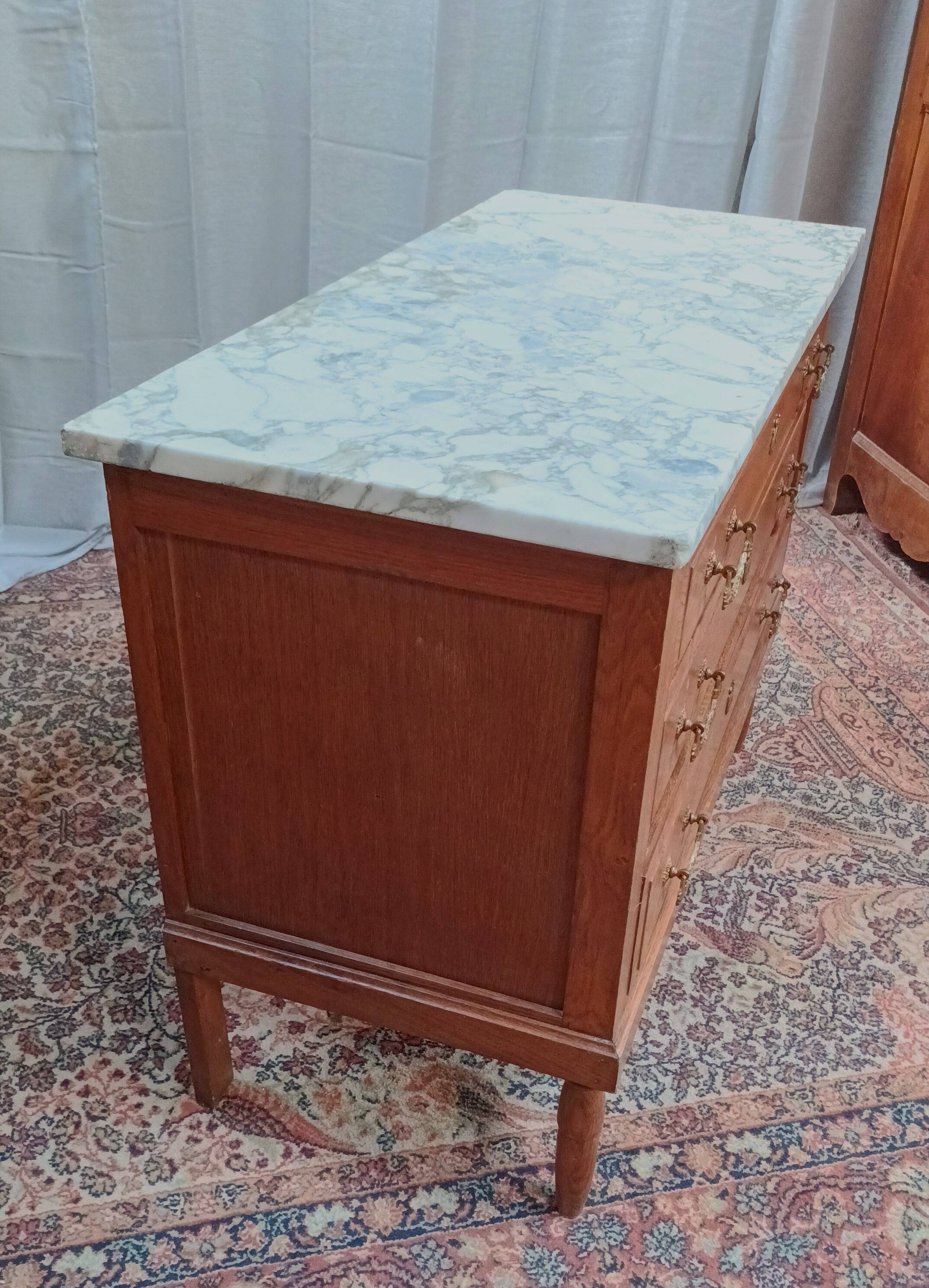 Louis XVI style chest of drawers in oak and marble top