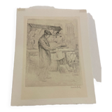 Etching, drawing, engraving, the bookseller, Henri le Riche, notre dame