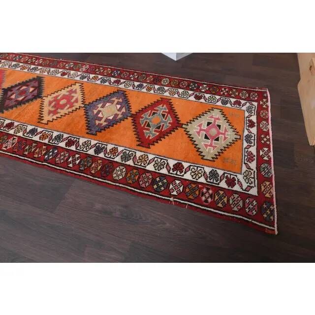 Vintage Turkish Oushak Handmade Wool Cotton Orange Runner 87x409