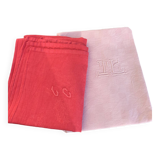 Duo set, consisting of two large pink-dyed cotton and linen towels, embroidered, TK monograms