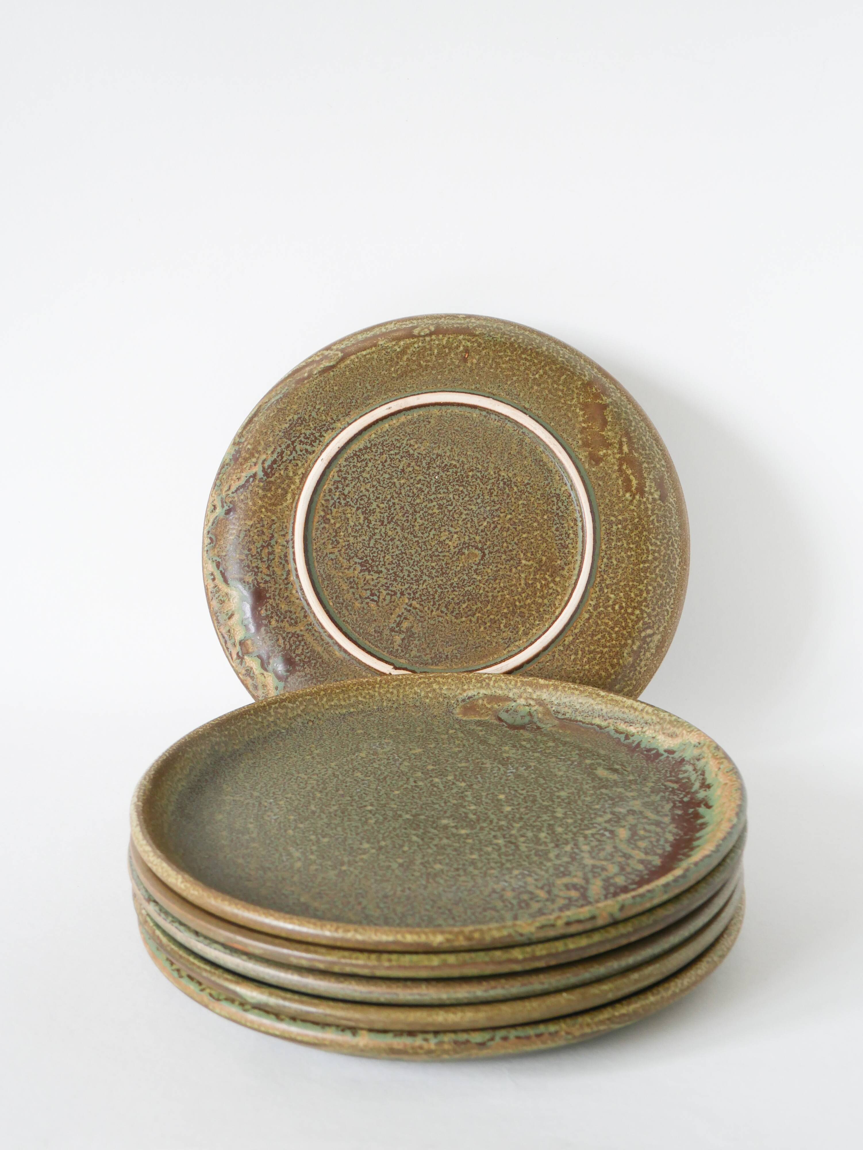 Lot de 6 assiettes plates en grès moucheté, Marron & Vert, Fabrication Arti