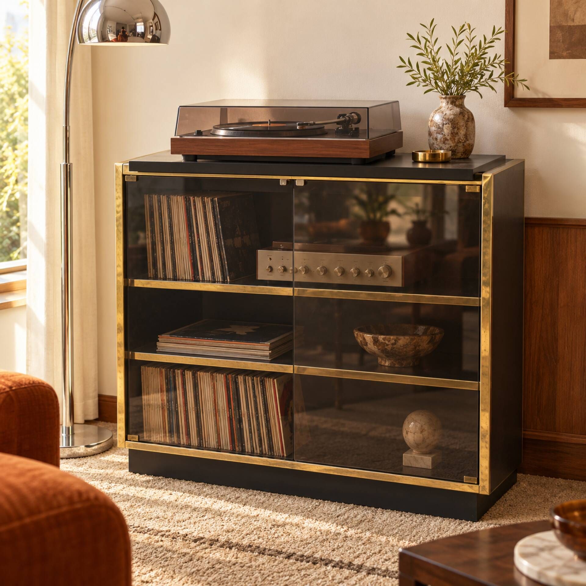 Vintage black and gold hi-fi/TV unit – 1970s–80s