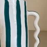 Fir and white green striped ceramic vase with handmade abstract wavy handles