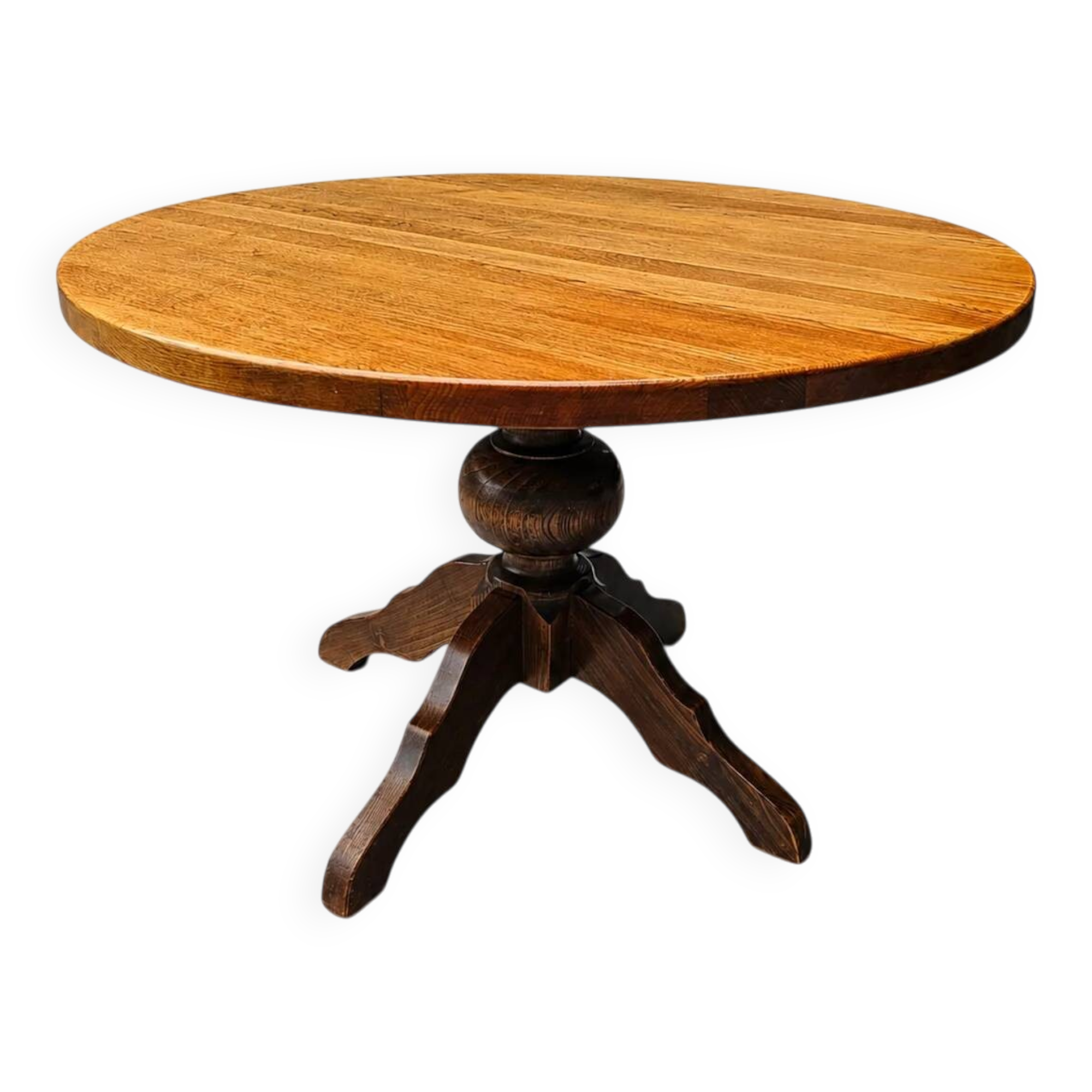 Solid oak dining table, also known as a monastery table, with a sturdy central pedestal, heavy-duty construction