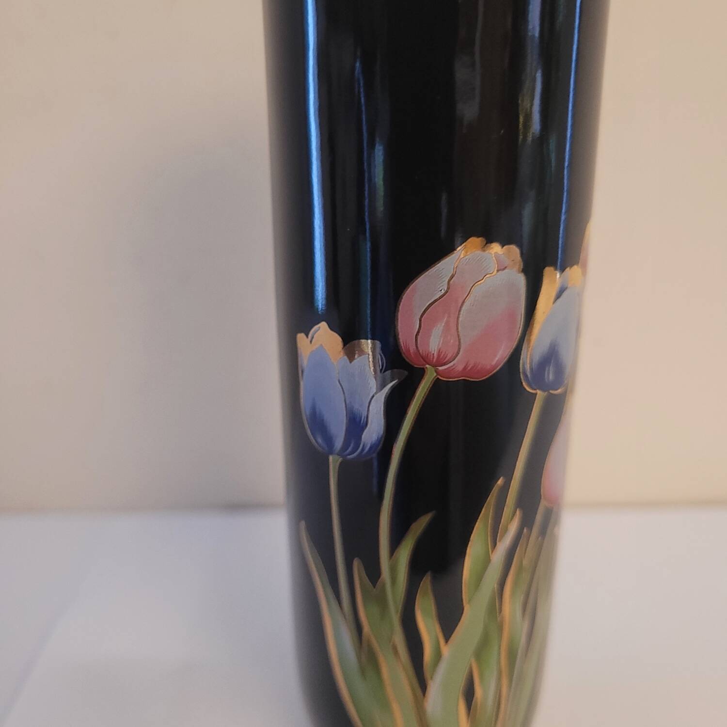 Black ceramic soliflore decorated with tulips - 1960s-1970s