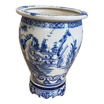 Cache pot vietnamien en porcelaine blanche et bleue
