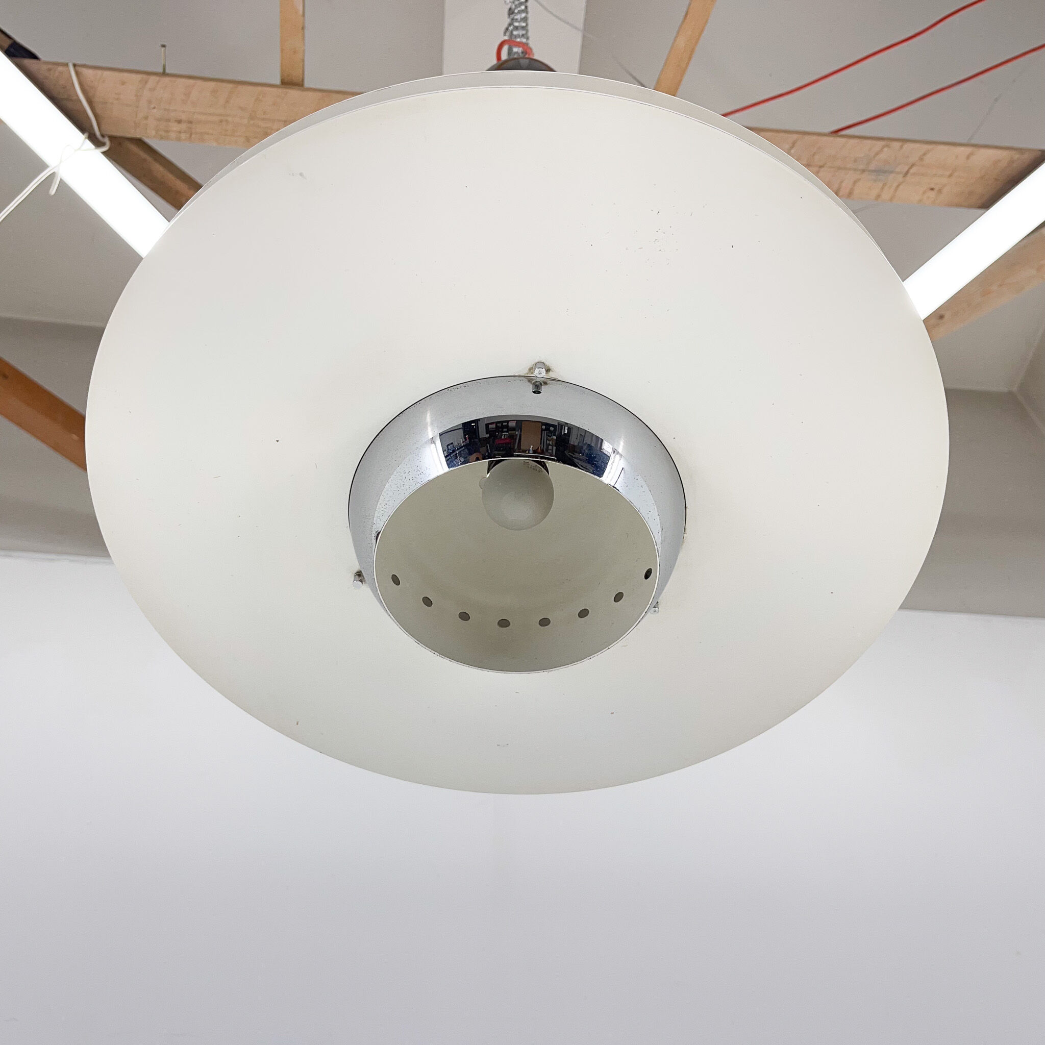 1970's ufo chrome & lacquered metal space age pendant, Italy