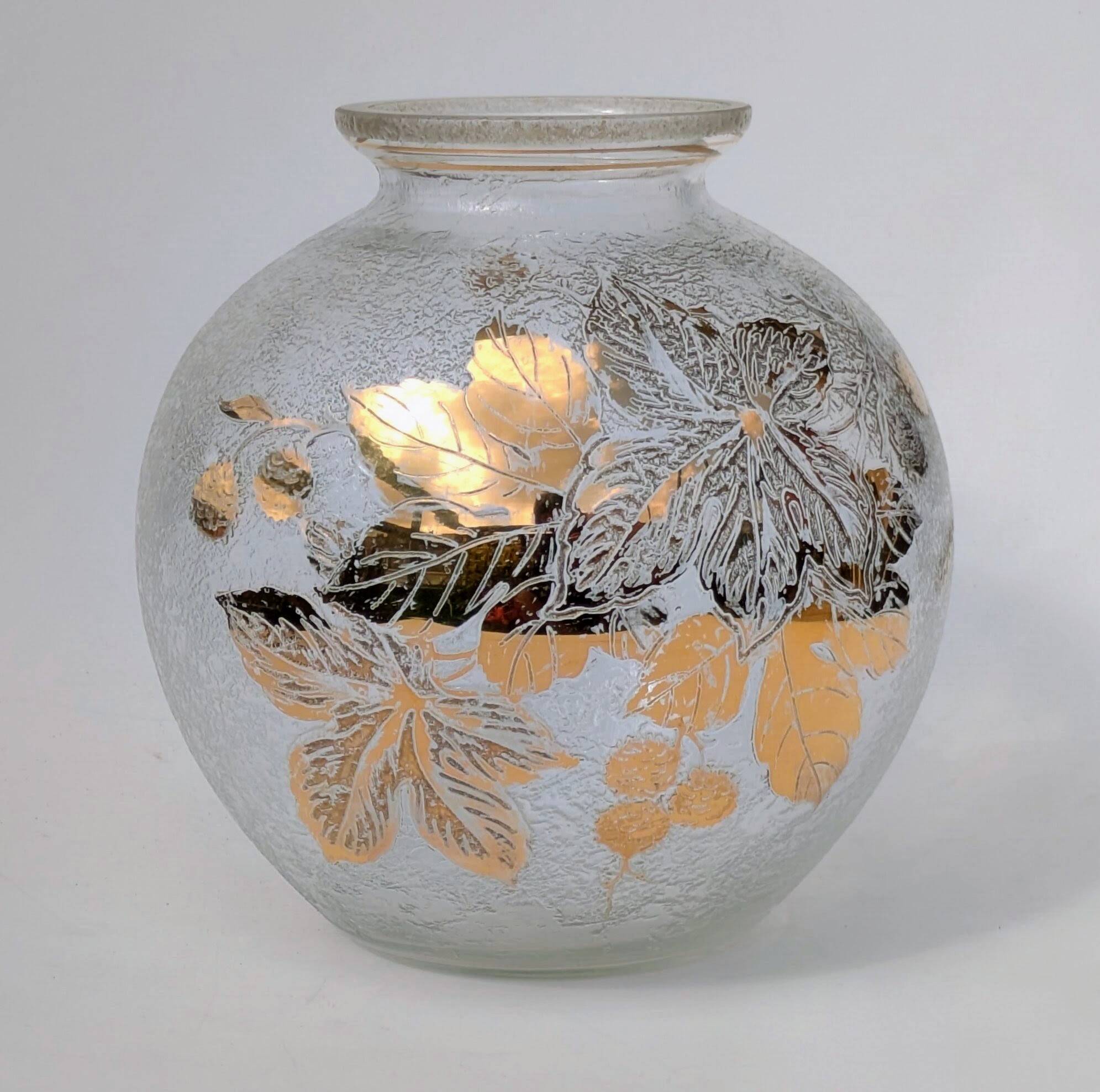 Frosted Glass Ball Vase with Golden Botanical Decoration — Signed Adat — Circa 1950