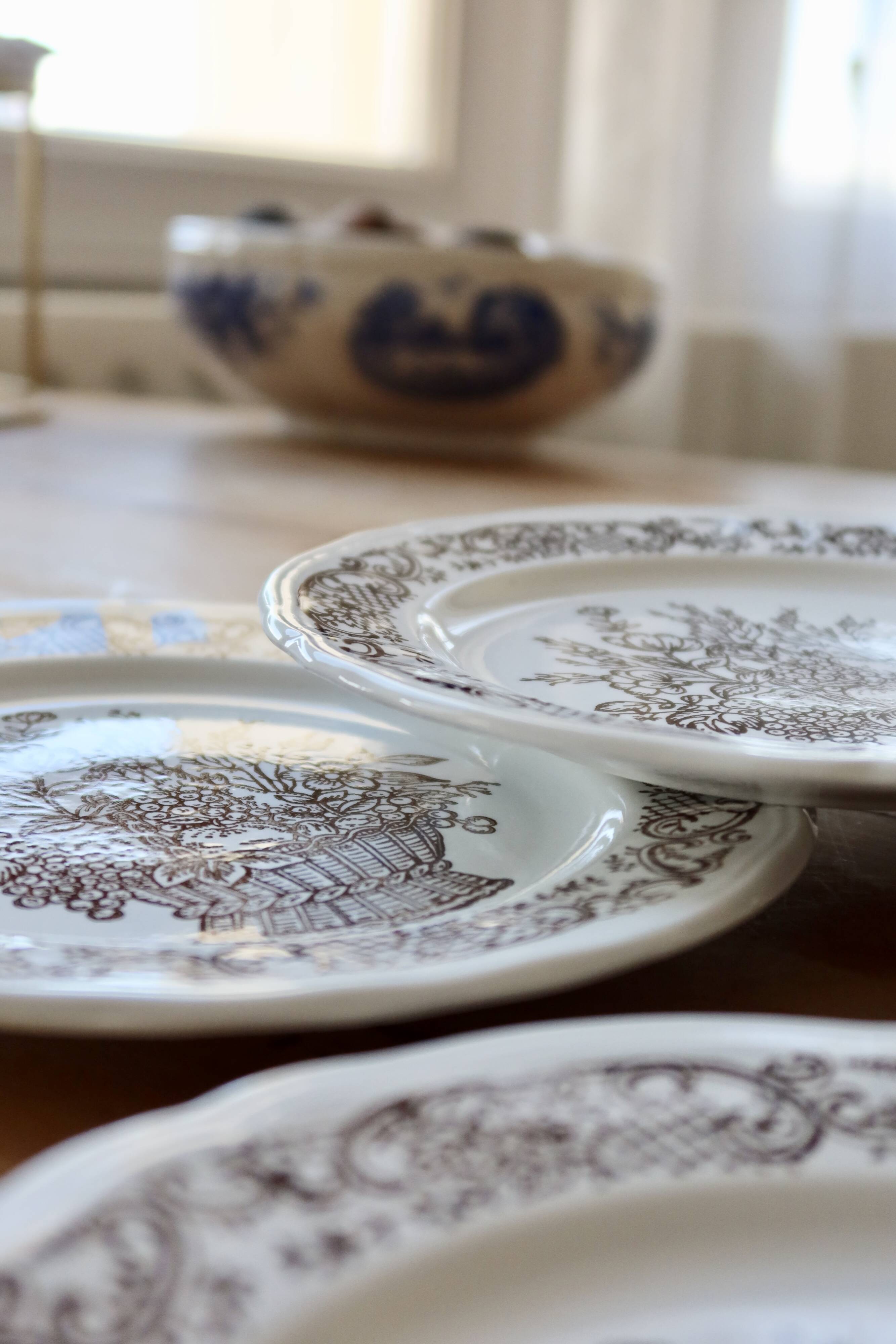 Vintage porcelain dessert plates with brown country bouquet pattern