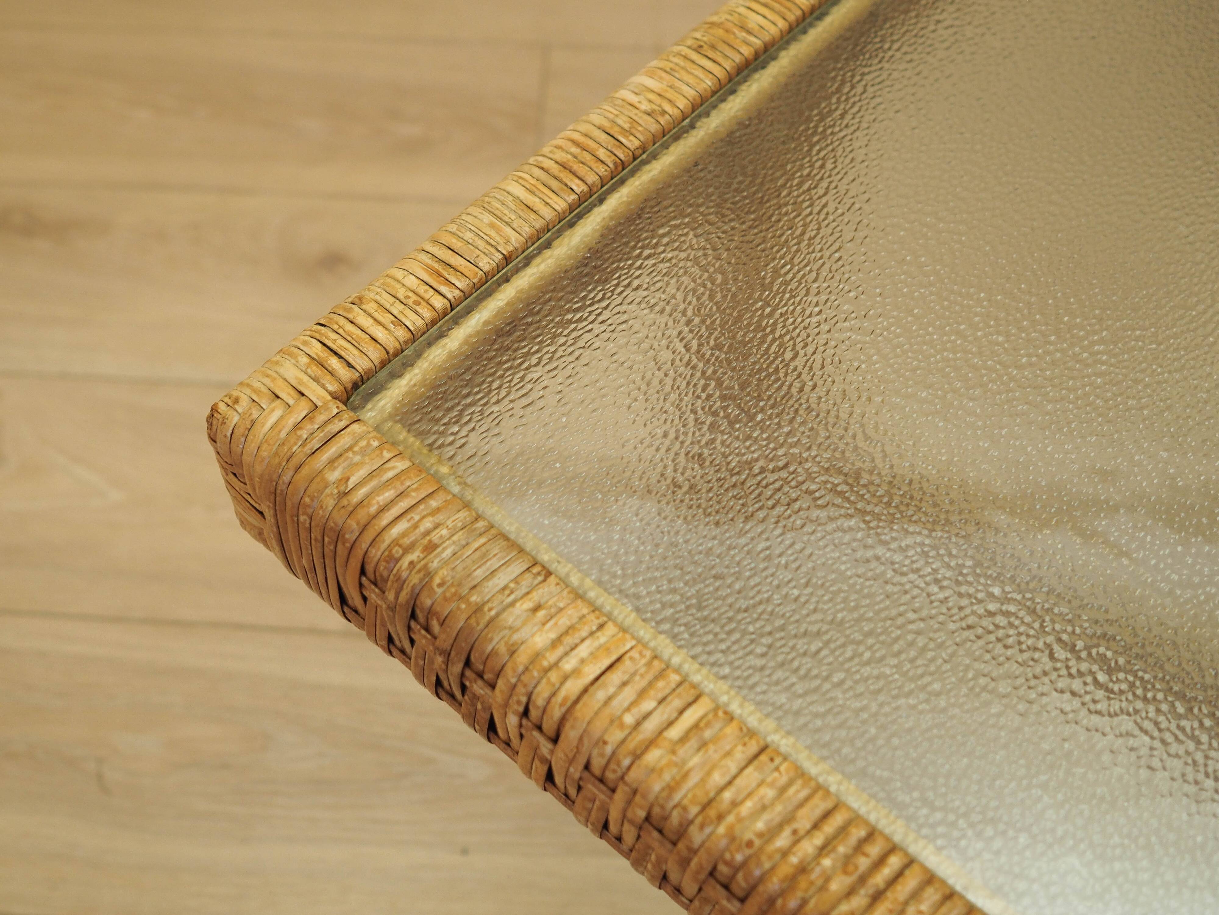 Glass and wicker side table, Danish design, 1970s, made in Denmark