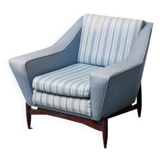 Fauteuil en tissu bleu bois 1960 vintage modernisme