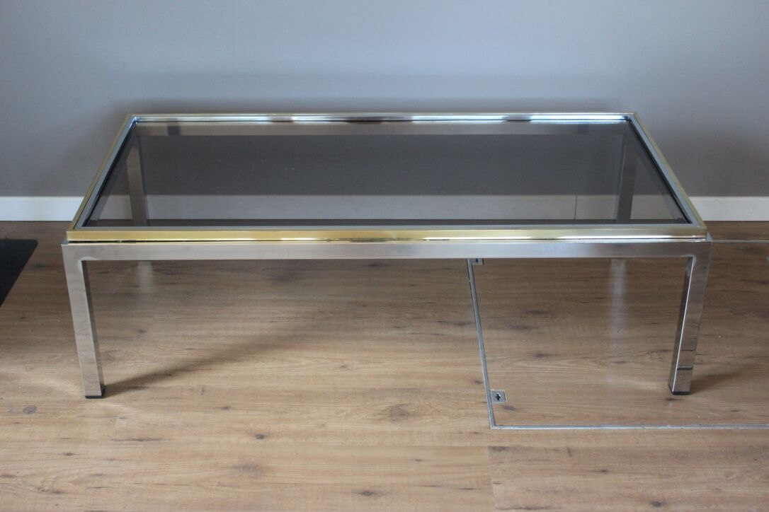 Table basse vintage en verre, laiton et chrome années 70
