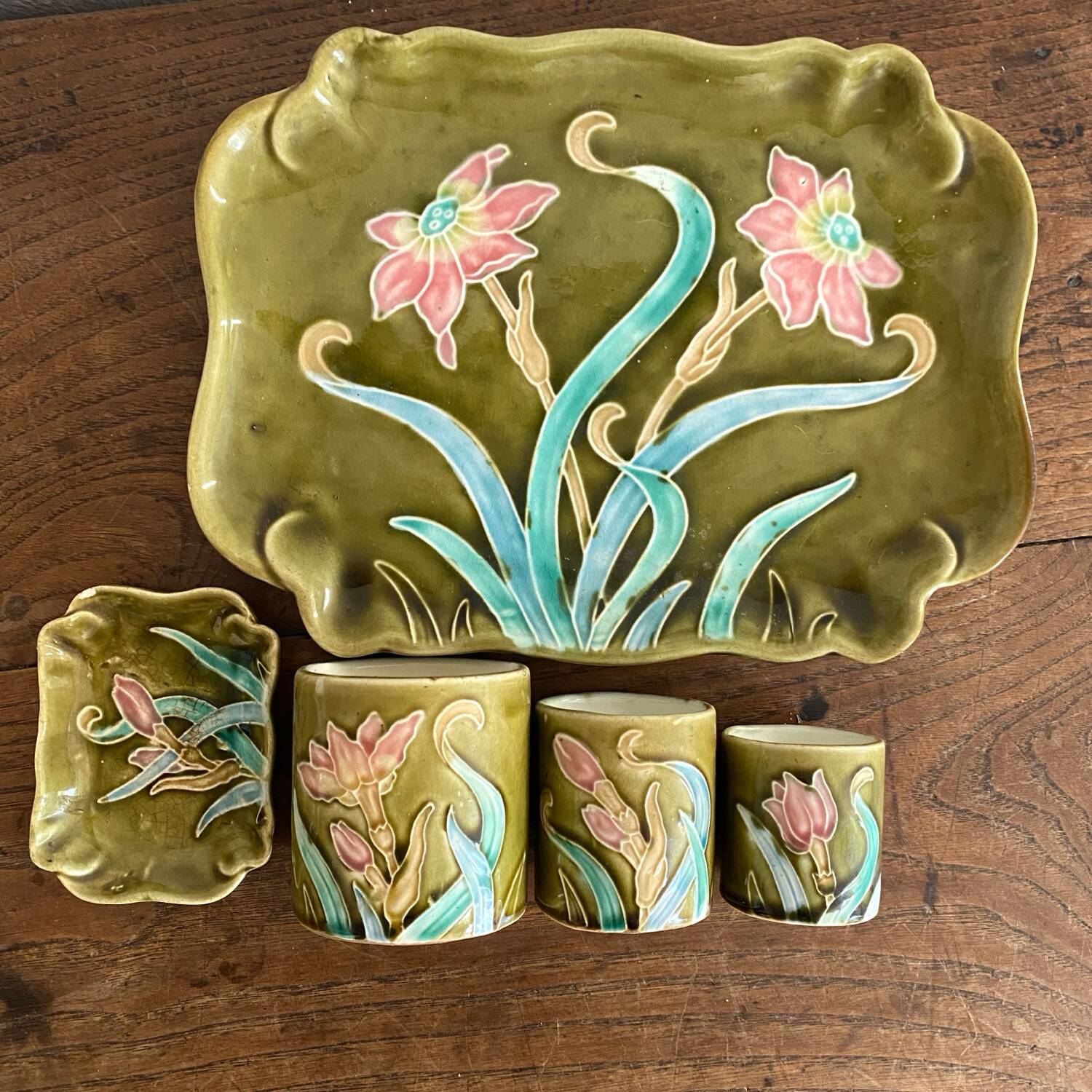 Antique Art Nouveau barbotine tobacco service