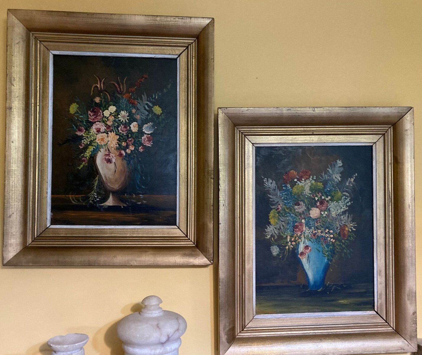 F. Domínguez, floral bodegones, 1945, oil on cardboard box, game of 2