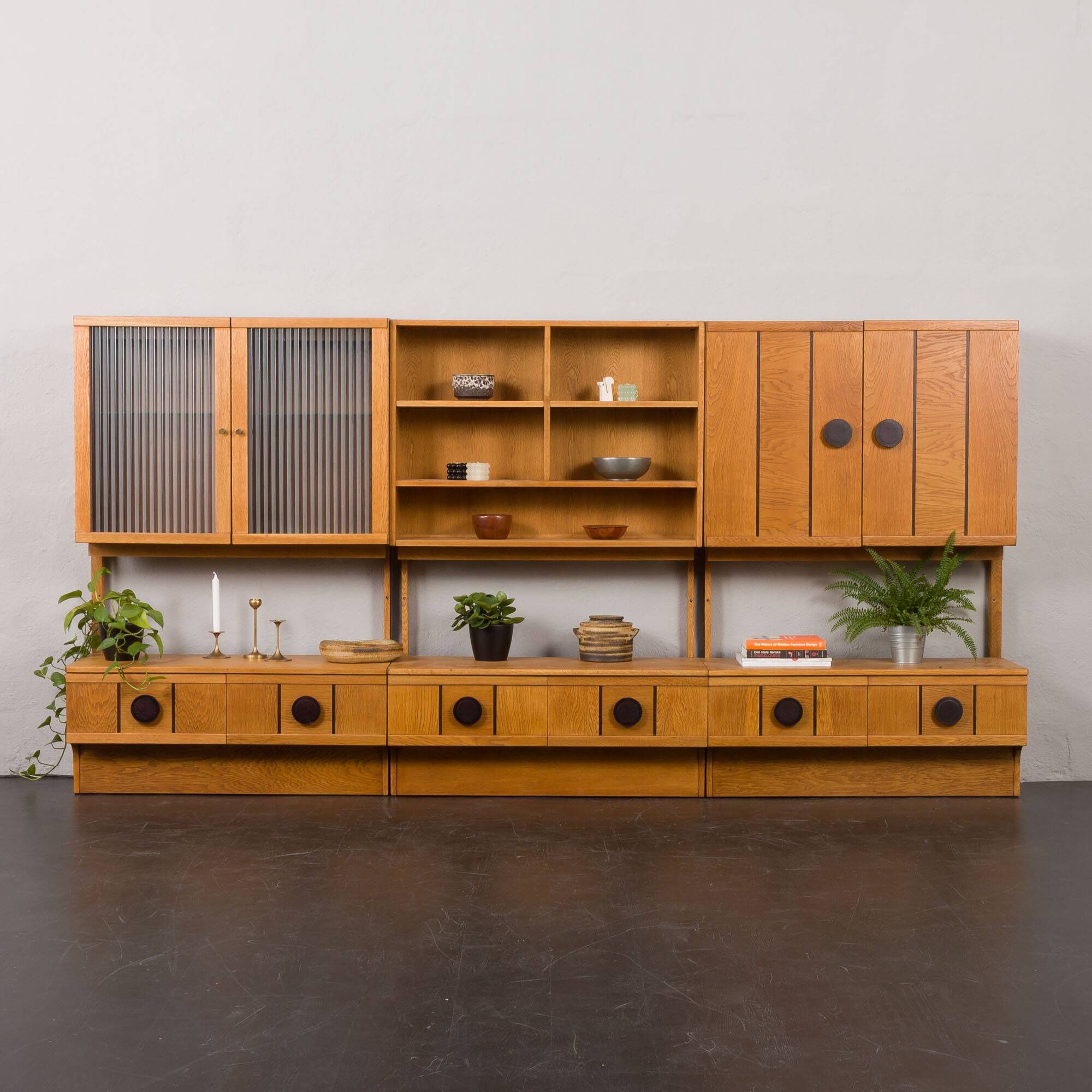 Scandinavian mid century oak wall unit with backlit, Denmark 1970s