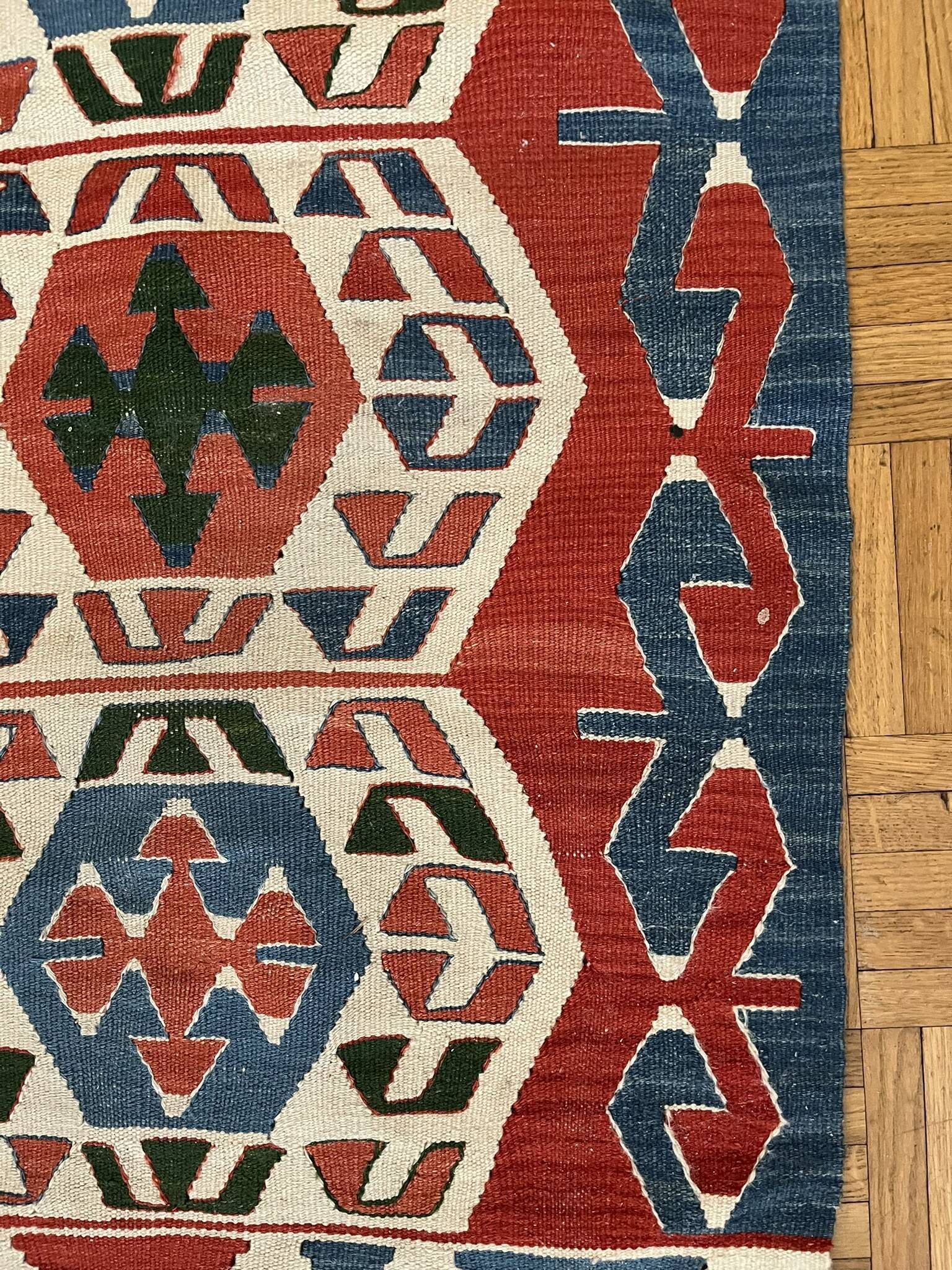 Ancient Turkish Kilim rug handwoven – geometric patterns 98x96 cm