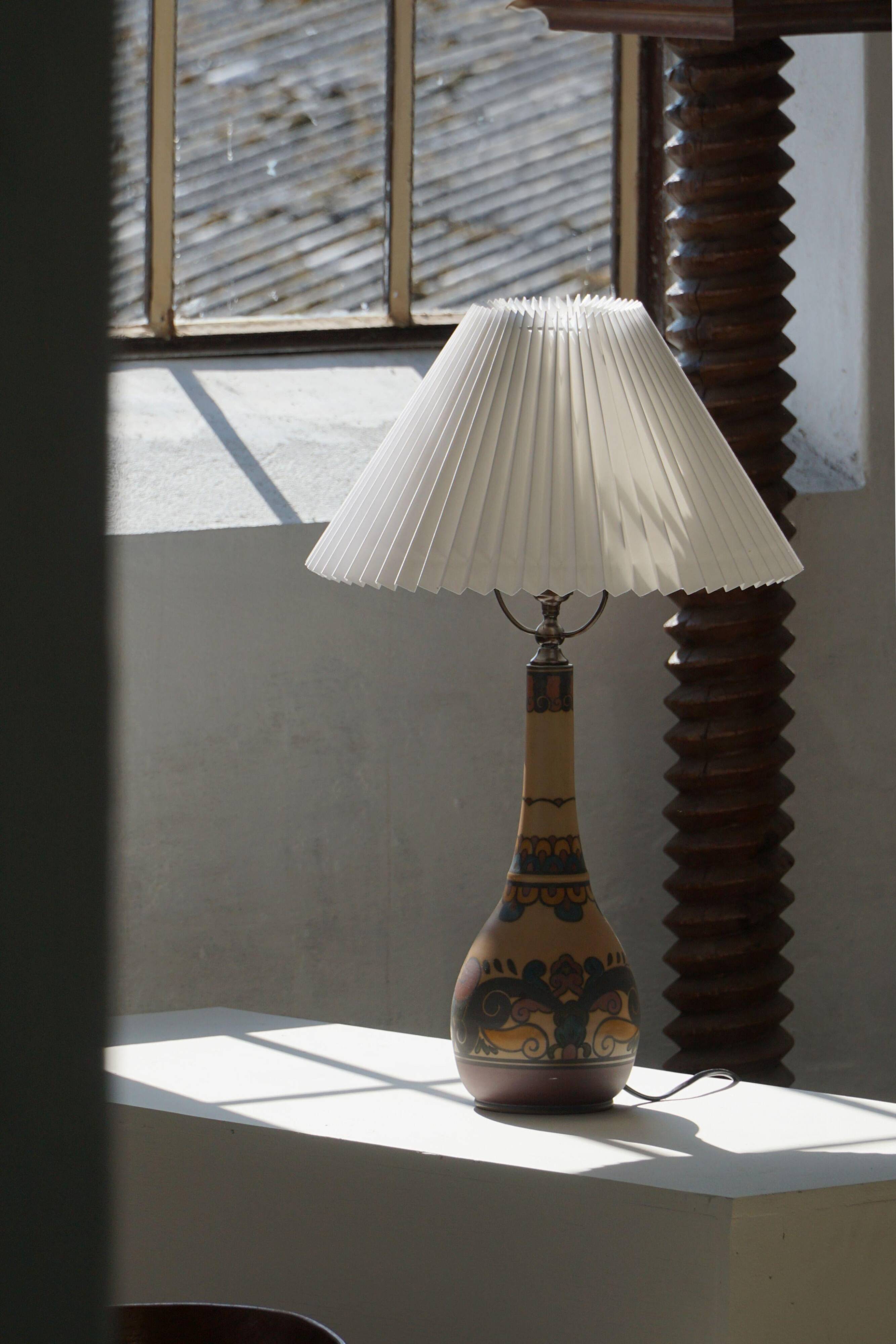 Art Nouveau table lamp in coloured terracotta by L. Hjorth, Bornholm, 1930s.