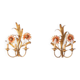 Pair of Italian wall lights in gold metal with flowers and leaves (50 cm)