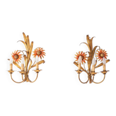 Paire appliques italiennes metal doré avec fleurs et feuilles (50 cm)