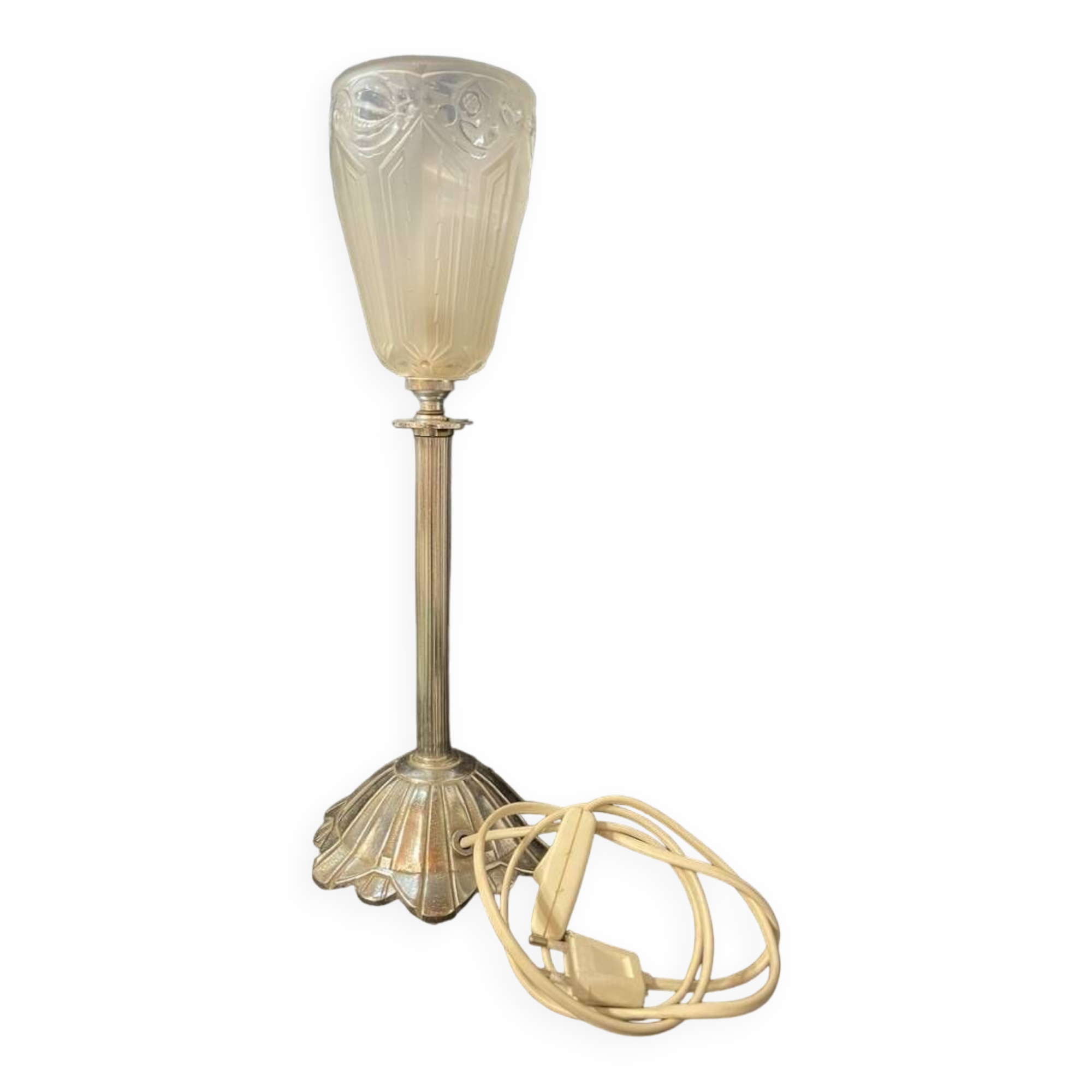 Art Deco table lamp – Silver bronze & pressed/molded glass