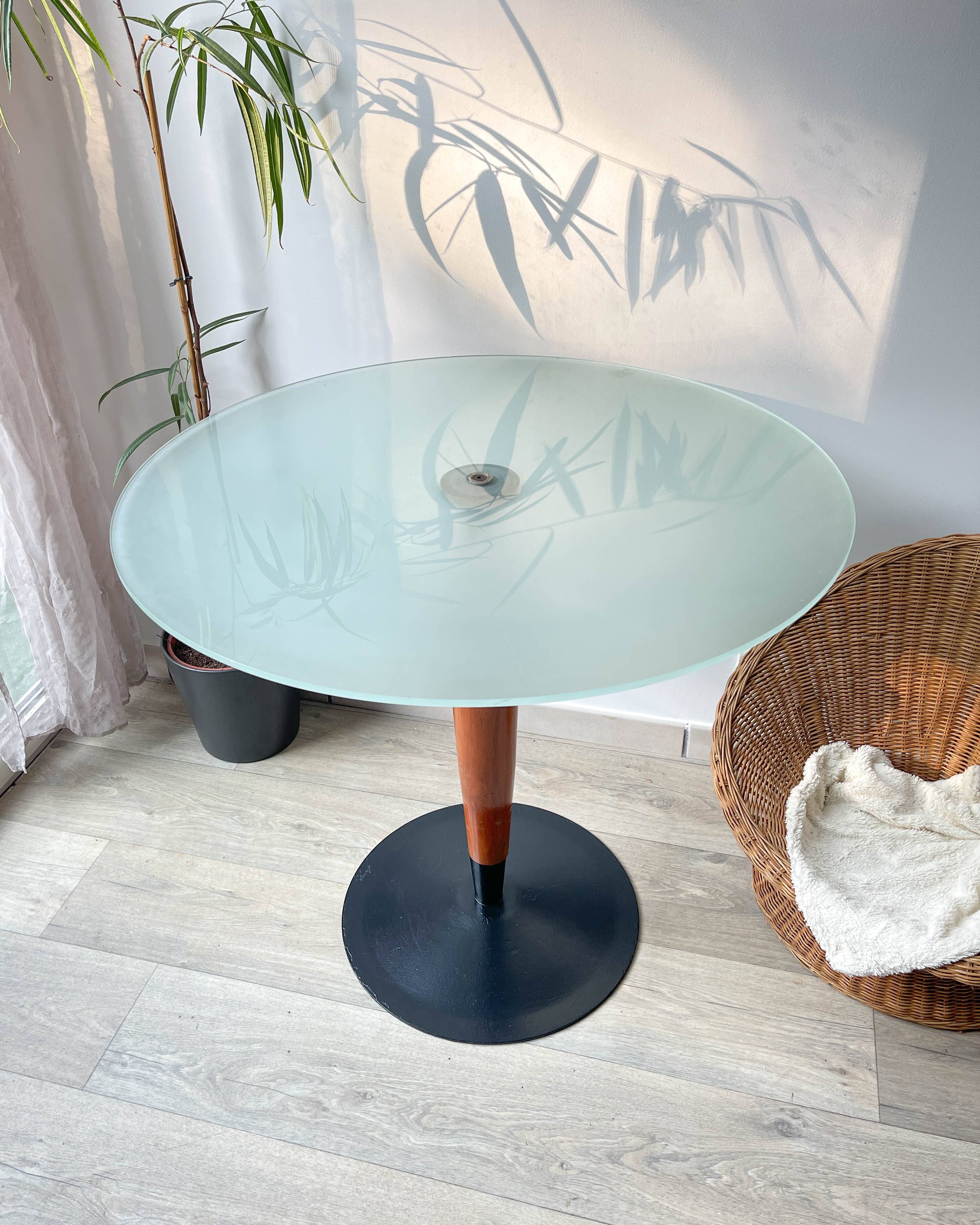 Vintage round mushroom table in wood and glass, 1970s