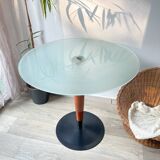 Vintage round mushroom table in wood and glass, 1970s
