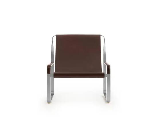 Fauteuil contemporain faie à la main en acier argenté et cuir marron