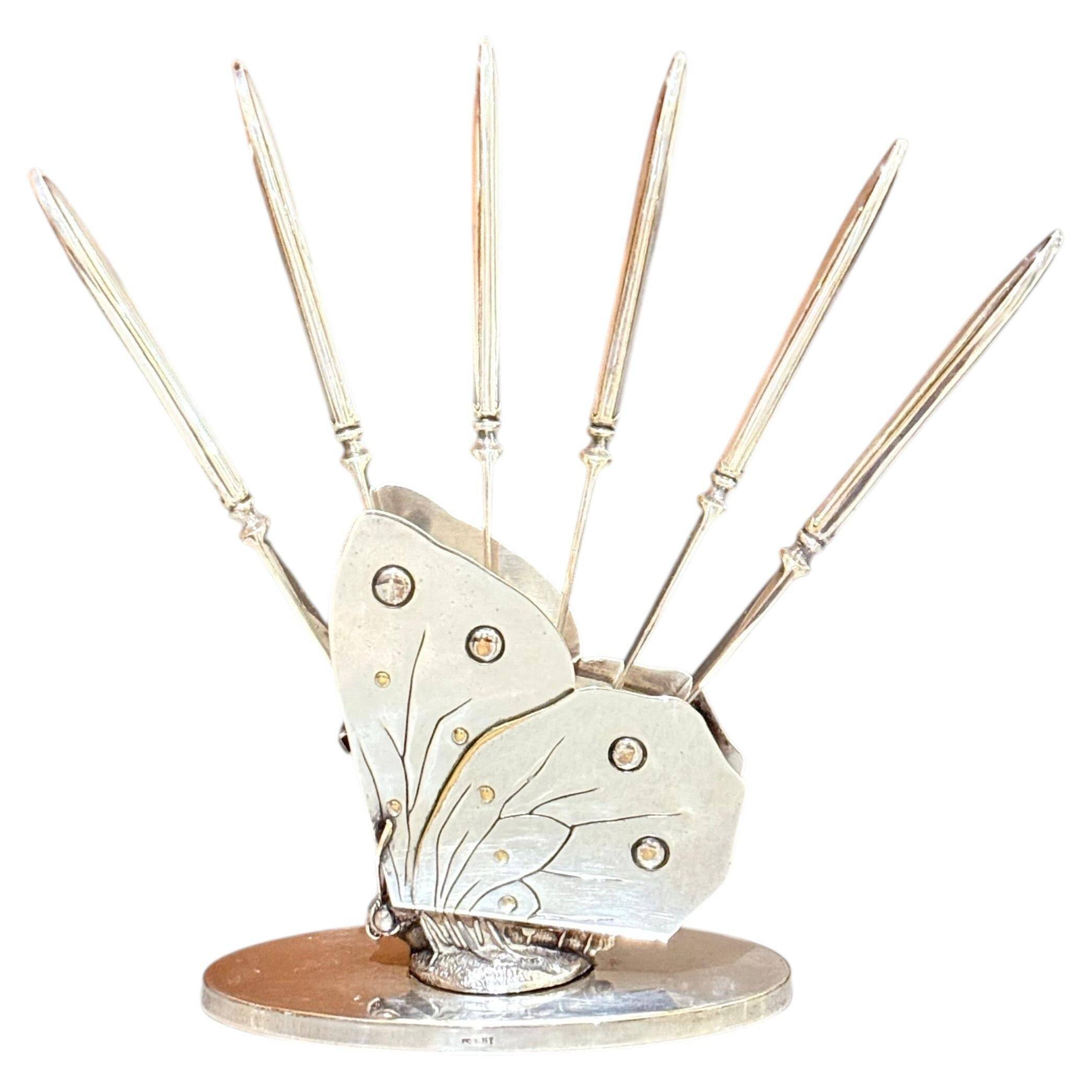 Vintage Silver-Plated Butterfly Knife Holder Set of Six Decorative Butter Knives