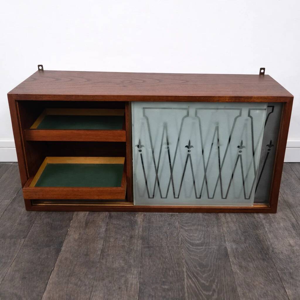 Small glass-fronted wall cabinet in teak with drawers, Denmark, 1960.